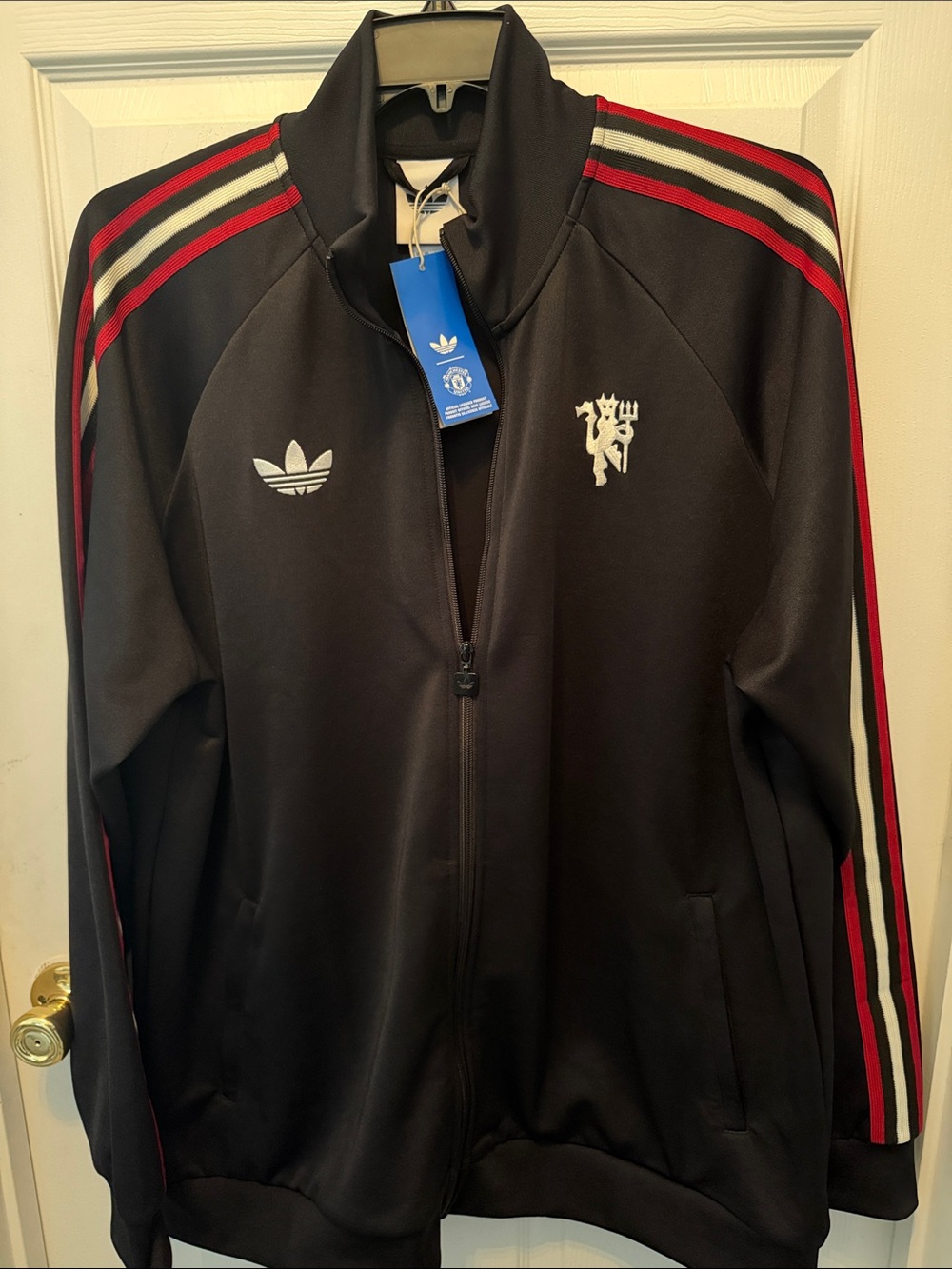 adidas Black Track Manchester United Jacket with Red & White Shoulder Stripes